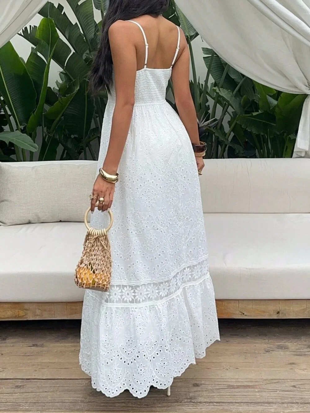 White Boho Women's Slim-Fit Double Shoulder Strap Strapless Dress
